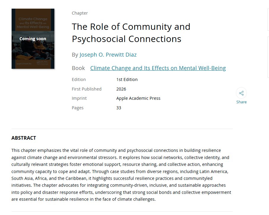 DanielPAldrich's tweet image. New #chapter from Prewitt Diaz: The Role of Community and Psychosocial Connections
TL;DR: dvocates for integrating community-driven, inclusive, and sustainable approaches into policy and disaster response efforts
taylorfrancis.com/chapters/mono/…