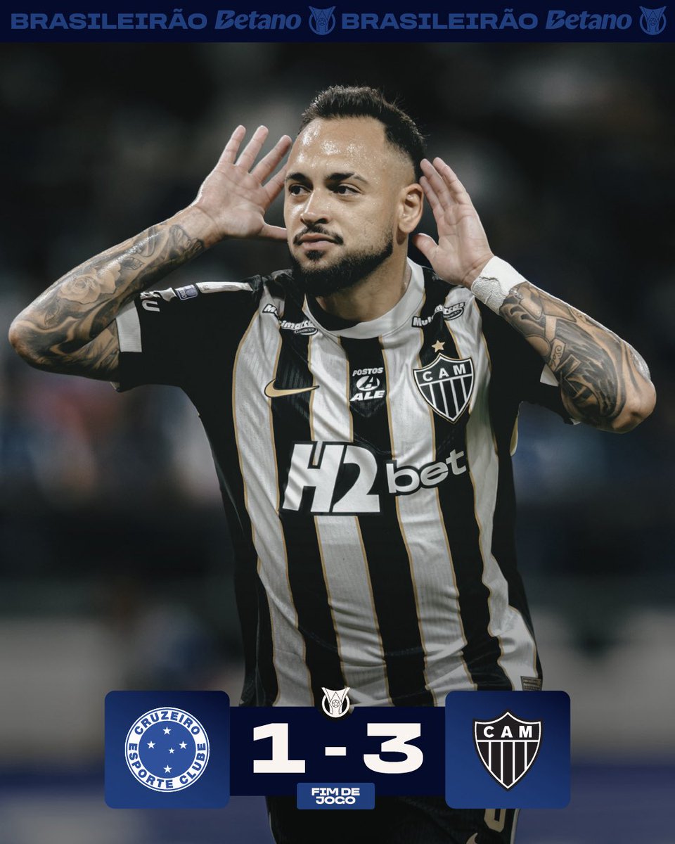 Brasileirao's tweet photo. NOITE DO GALO NO MINEIRÃO! 🐔🔥

O Atlético Mineiro vence o Cruzeiro por 3x1, pela 14ª rodada do Brasileirão Betano 2026. Clássico movimentado, com três expulsões, e domínio do Galo para garantir os três pontos!

📸: Pedro Souza https://t.co/Yr9FKL7S6F