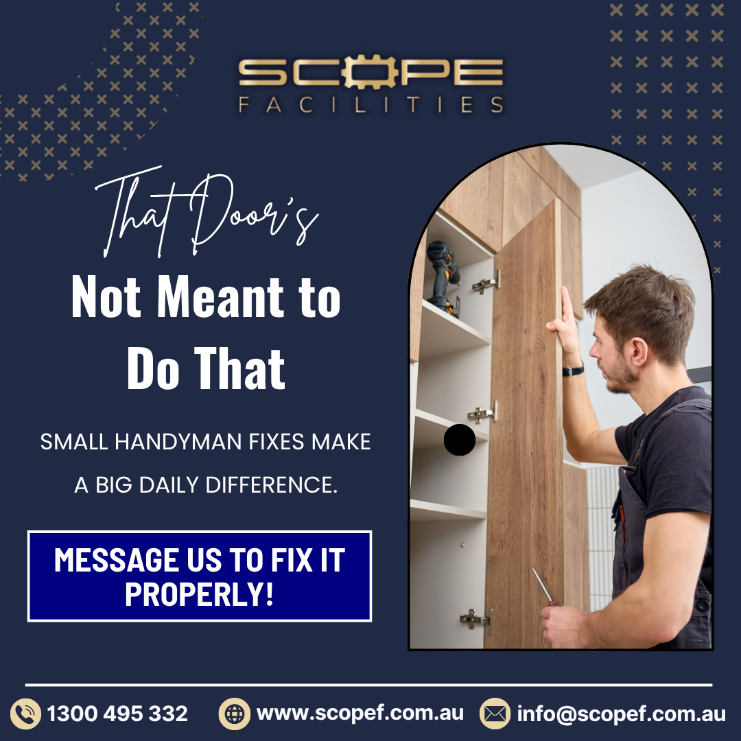 au_scope's tweet image. Sticky door? Loose hinge? Something’s off.

👉 Message us to fix it properly today.

📞 1300 495 332 | 💻 scopef.com.au | 📧 info@scopef.com.au

#handyman #propertymaintenance #buildingmaintenance #repairservices #facilitymanagement #ScopeFacilities