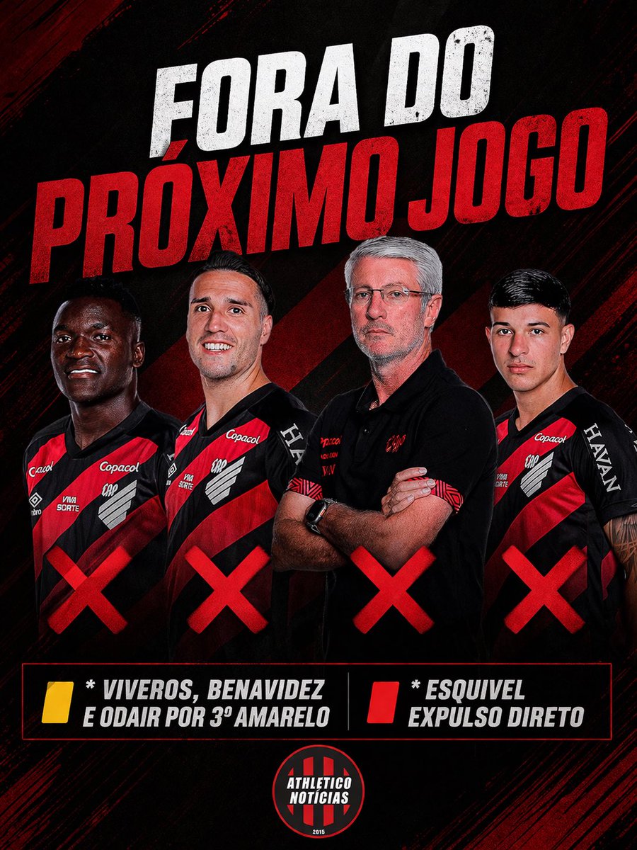 ❌ DESFALQUES: Para o jogo contra o Vasco, o Athletico não terá Viveros, Benavidez, Esquivel e Odair.
