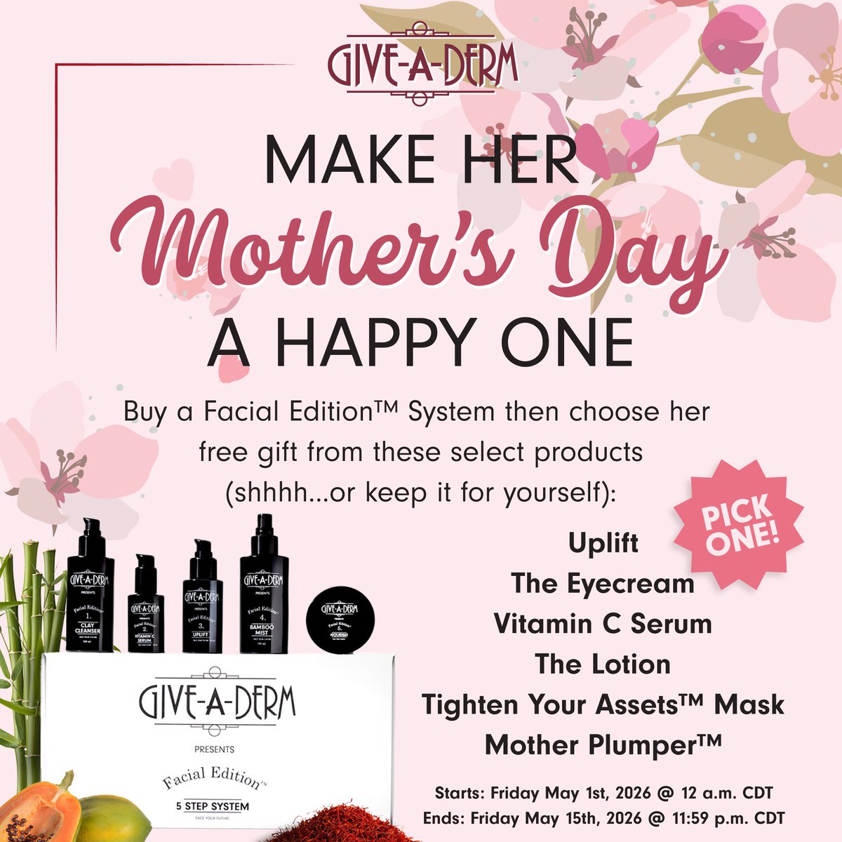 giveaderm's tweet photo. It’s here!  It’s finally here…. Our gift with purchase for Mother’s Day.  This time, YOU CHOOSE the gift!!! https://t.co/HqpHeRjwJz