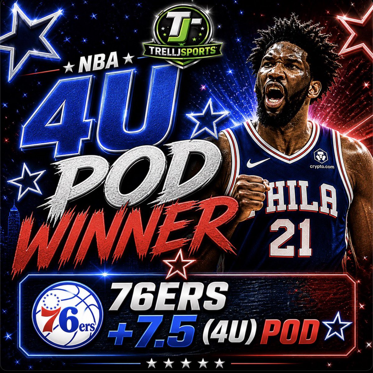 TrellJSports's tweet image. ‼️ BANG BANG ‼️ 

⭐️ NBA 4U POD WINNER ⭐️ 

✅ Philadelphia 76ers +7.5 (4U) ⭐️ 

WE OWN THE NBA PLAYOFFS ‼️🫵🏾

#Sixers