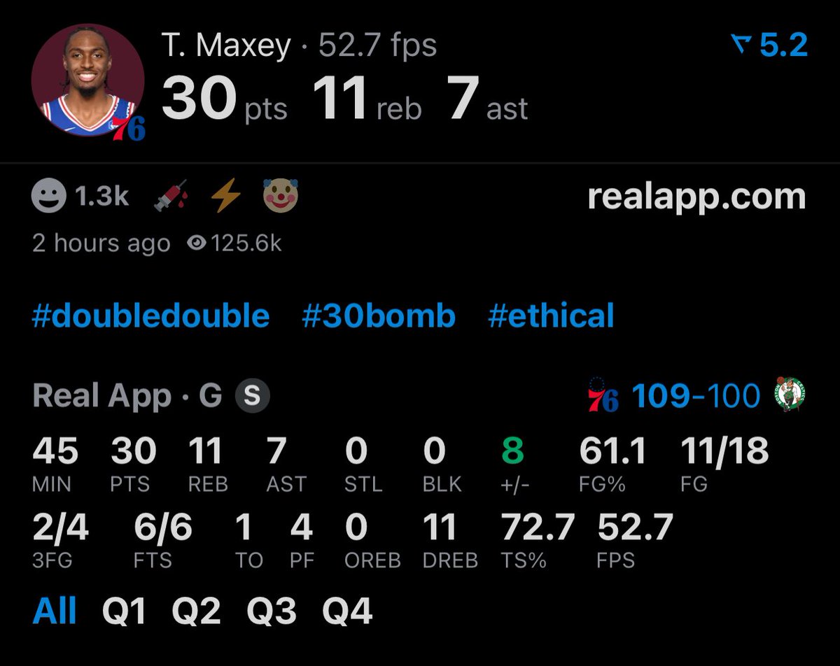 LegionHoops's tweet photo. TYRESE MAXEY IN GAME 7:

30 POINTS
11 REBOUNDS
7 ASSISTS
11/18 FG

CLUTCH SECOND HALF PERFORMANCE (@realapp) https://t.co/VHrdlHJWhF