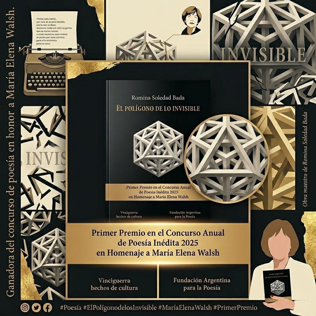 RominaSBada's tweet photo. Orgullo nacional! 🇦🇷 

Presentamos "El polígono de lo invisible", la obra maestra de Romina Soledad Bada galardonada con el Primer Premio en el Concurso Anual de Poesía Inédita 2025 en homenaje a la gran María Elena Walsh.

#Poesía #MariaElenaWalsh #PrimerPremio #FundarPoesía https://t.co/d6vFqFeZav