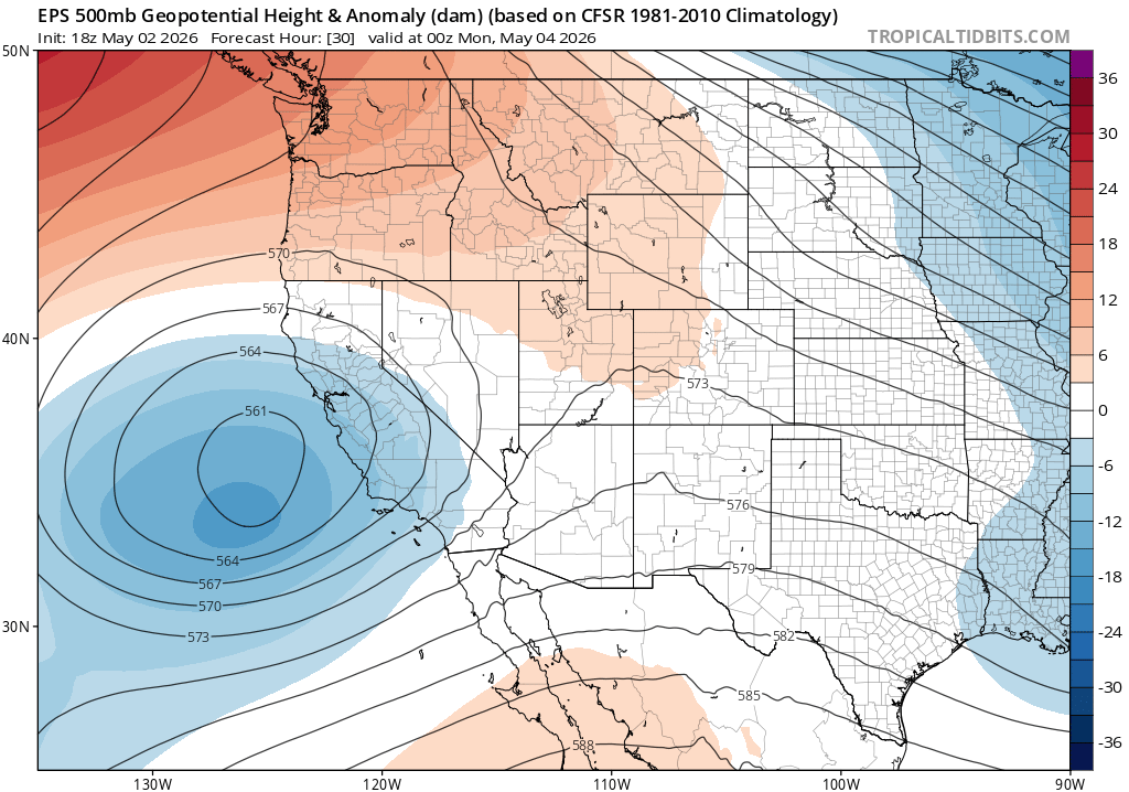 Weather_West's tweet photo. A cut-off low pressure system is currently spinning west of California. It generated scattered mountain thunderstorms today, and will cause more widespread showers &amp; thunderstorms (mainly in NorCal mountains, but locally elsewhere) Sun-Mon. A stronger cell or two are possible. https://t.co/LCL6IxMKmZ