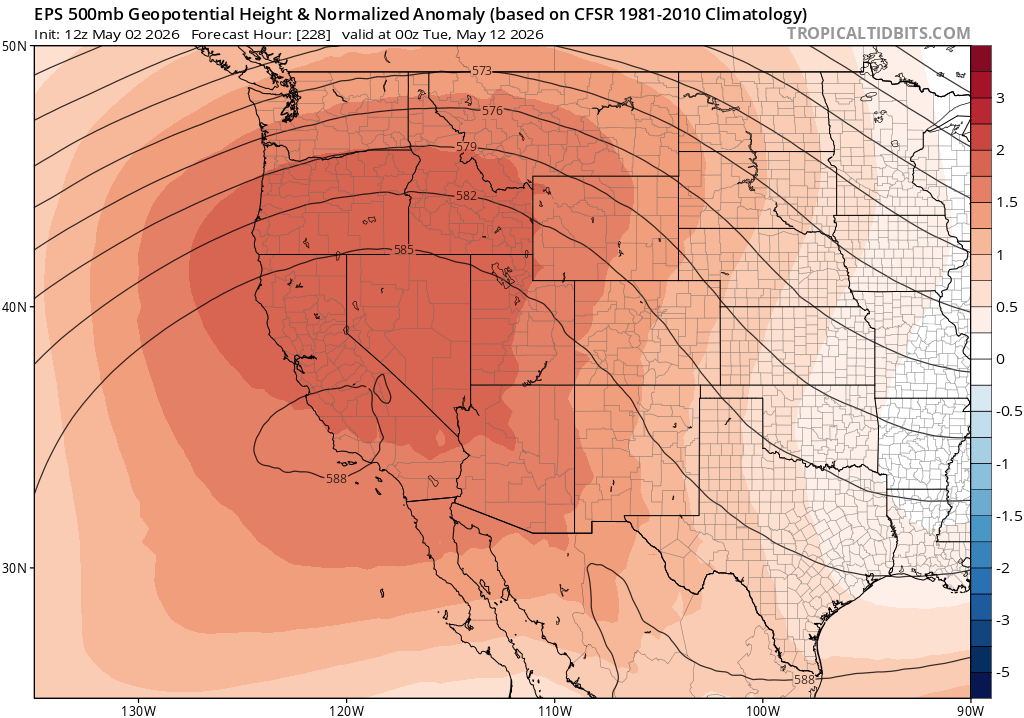 Weather_West's tweet photo. Looking ahead to mid-May, there is now pretty strong inter-ensemble agreement regarding the development of a much more pronounced Western ridge once again, with the potential for a significant heatwave at that time. This would mark a major pattern shift, so stay tuned! https://t.co/miuP9rSlBG