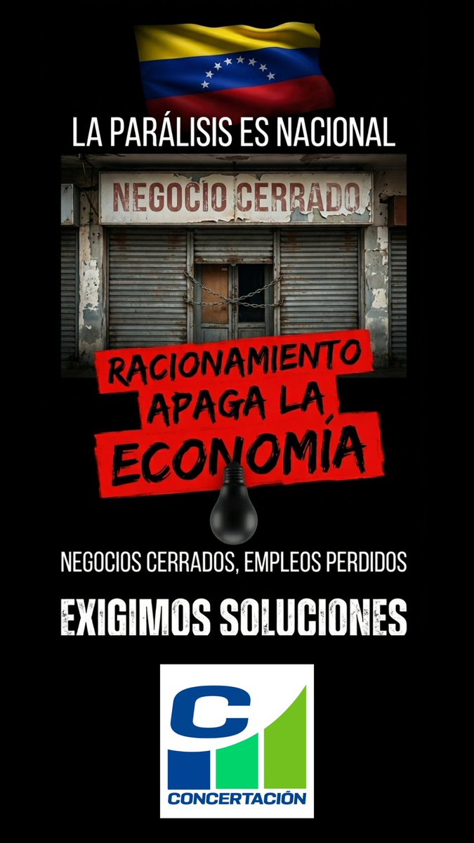 ConcertacionAra's tweet image. El "Plan de Administración de Carga" es un castigo a la productividad. Sin notificaciones ni planificación, el suministro eléctrico en Venezuela es una ruleta rusa que solo genera pérdidas millonarias y desespero. 📉⚡
¡La economía no se reactiva a oscuras! #SinLuz #Venezuela