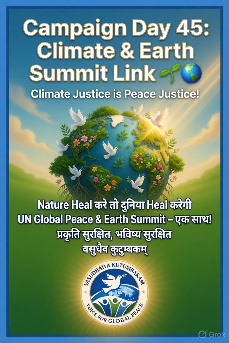 For44870Peace's tweet photo. @antonioguterres @UN @hrw @amnesty @AJEnglish @cnnbrk @BBCWorld @ZeeNewsEnglish @aajtaktej @UNPeacekeeping @UNAOC @ICRC @MSF @CrisisGroup @WHO @Interpeace_Org @ChinaDaily @WhiteHouse @PMOIndia @POTUS @NATO @EU_Commission @CNN @Reuters @Oxfam @UNPeacebuilding @AlJazeera @AP @andersoncooper @FareedZakaria @GretaThunberg @Malala @EmmaWatson @ManiramNar40442 @CCFPeace @DigitalDaddy92 @cfpeace @peacemakersnetw @UNEP @WWFGLOBAL @UNFCCC @unoy_peace @Y4Cofficial @GlobalLF @PlanGlobal @GlobalPeace @ifcdialogue @unyouth Campaign Day 45
Climate & Earth Summit Link
Climate Justice is Peace Justice!
Nature Heal करे तो दुनिया Heal करेगी।
@UN Global Peace & Earth Summit– एक साथ!
प्रकृति सुरक्षित भविष्य सुरक्षित
#ClimateForPeace #VoiceForGlobalPeace #EternalHope
@UNFCCC
ClimateAction = Peace Action! https://t.co/dDZxXz2FUD