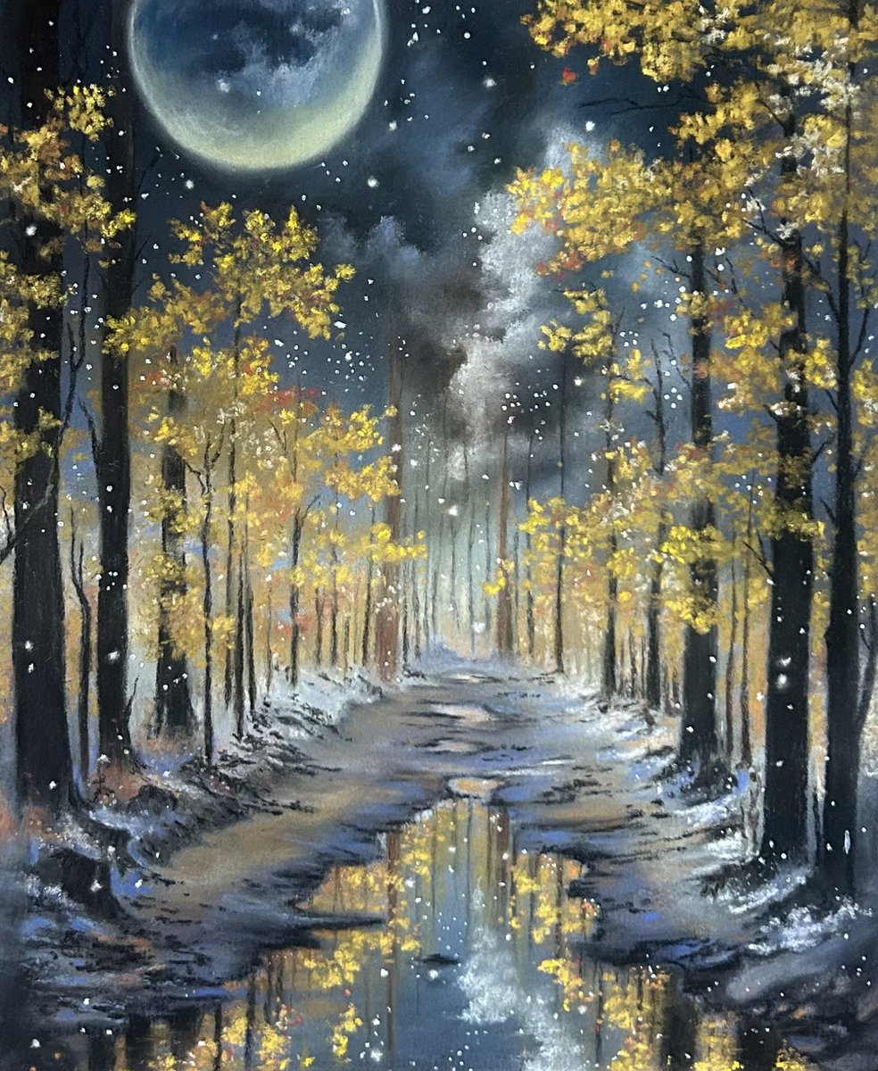 megubnyx's tweet image. 光を映す水鏡の夜 パステル画 

静まり返った森の奥にやわらかな月の光が降りそそぐ夜。
足元の水たまりはまるで鏡のように空を映し、きらめく星と黄金に色づいた木々をそっと映し出します。
自分の作品にエフェクトで輝きをプラスしました。イメージがだいぶ変わります🍀*゜
#パステル画
#painting