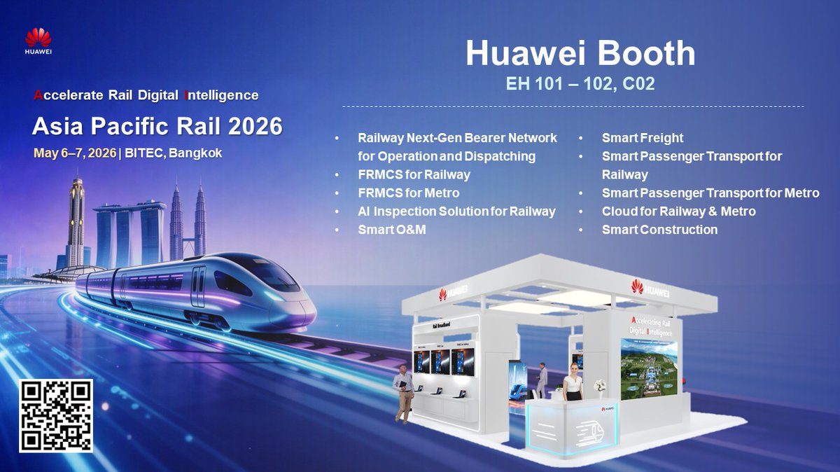 HuaweiEntAPAC's tweet photo. 🚝 Asia Pacific Rail 2026, May 6-7 | 📍 BITEC, Bangkok
Just 2 days to go! ⏳

Get an exclusive sneak peek at what’s waiting for you at the Huawei booth ahead of Asia Pacific Rail 2026! ✨ Stop by booth C02 to explore how we can Accelerate Rail Digital Intelligence together. We can't wait to see you in Bangkok! 👋

👉Find out more at: https://t.co/eyg56TIPmr

#Huawei #AsiaPacificRail #RailIndustry