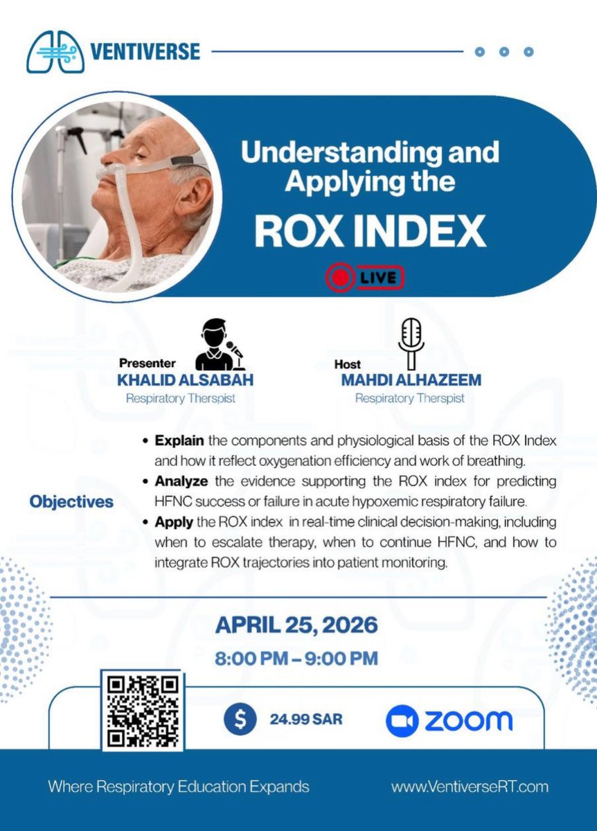 MohammedAlrizq5's tweet photo. I had the pleasure of attending Understanding and Applying the ROX Index, an insightful session that added real value to my clinical perspective in respiratory care. A valuable session on the ROX Index.
Appreciation to @MahdiAlhazeem &amp; @RT_Alsabah for the great delivery👏🏻♥️ https://t.co/zuoqVg5O3e