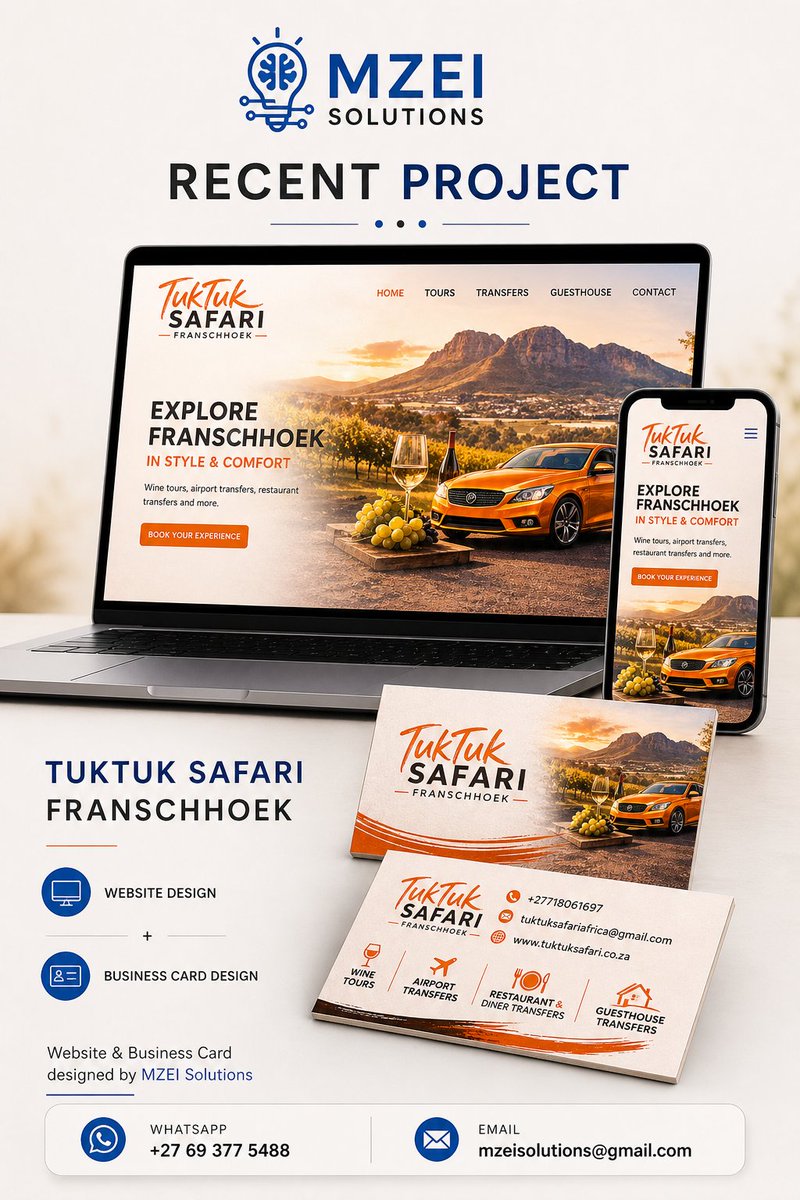 mzeisolutions's tweet image. Recent Project 🚀

Website &amp;amp; business card design for TukTuk Safari Franschhoek.

Helping businesses grow with smart digital solutions 💡

#WebDesign #Branding #MzeiSolutions
