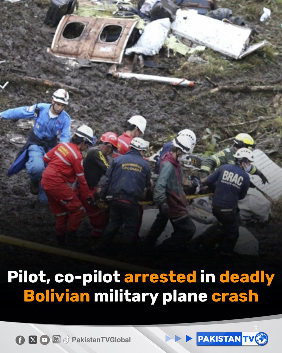 PakTVGlobal's tweet image. The pilot and co-pilot of a Bolivian air force cargo plane that crashed earlier this year, killing 22 people, have been arrested, local media reported.

#Bolivia #PlaneCrash #AviationAccident #Accountability #PakistanTV
