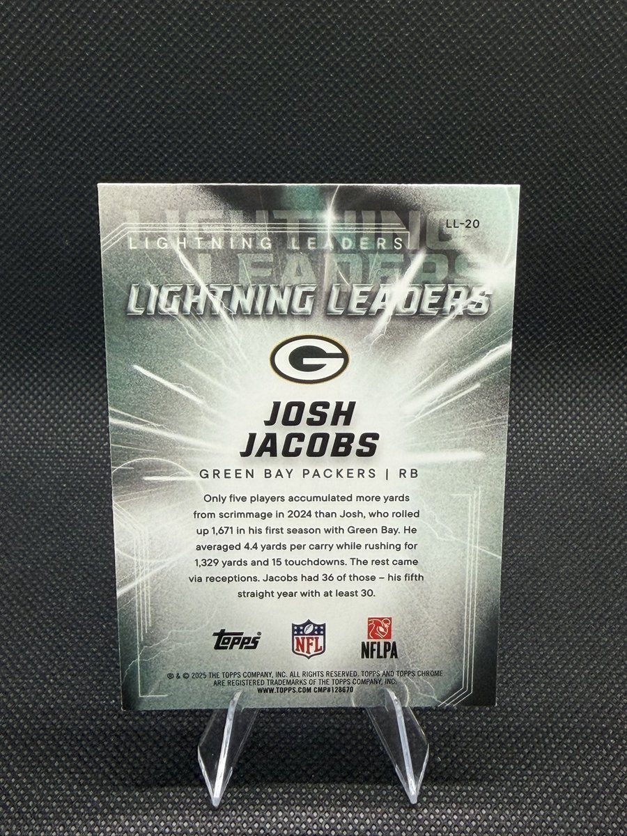 BoatCardShop's tweet image. Josh Jacobs Case Hit Chrome Lightning Leaders Topps 2025 Packers #LL-20 NFL