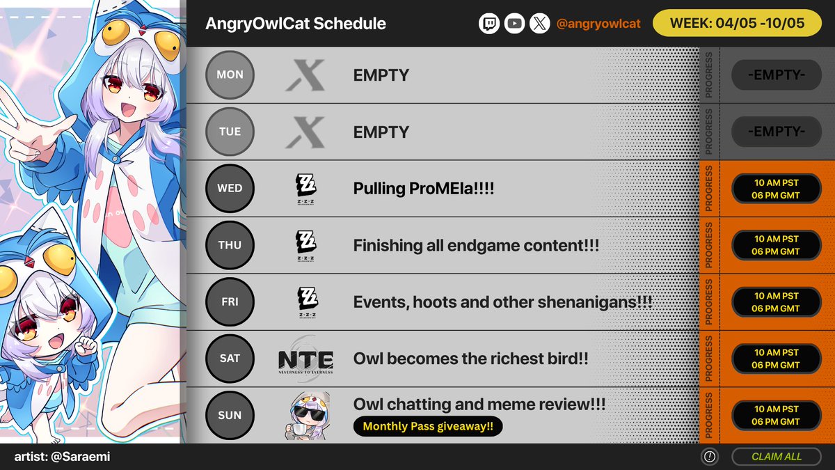 AngryowlCat's tweet image. My amazing crepes!!
Owl is always late with schedule🗓️, so today I will be early!! hahaha like early bird🪿, get it? anyways 
Schedule for the next week!!! Owl be pulling for ProMEIa!!! 
P.s. today's stream as scheduled! 
Hoot! 🦉🩵
#vtuber #vtuberen