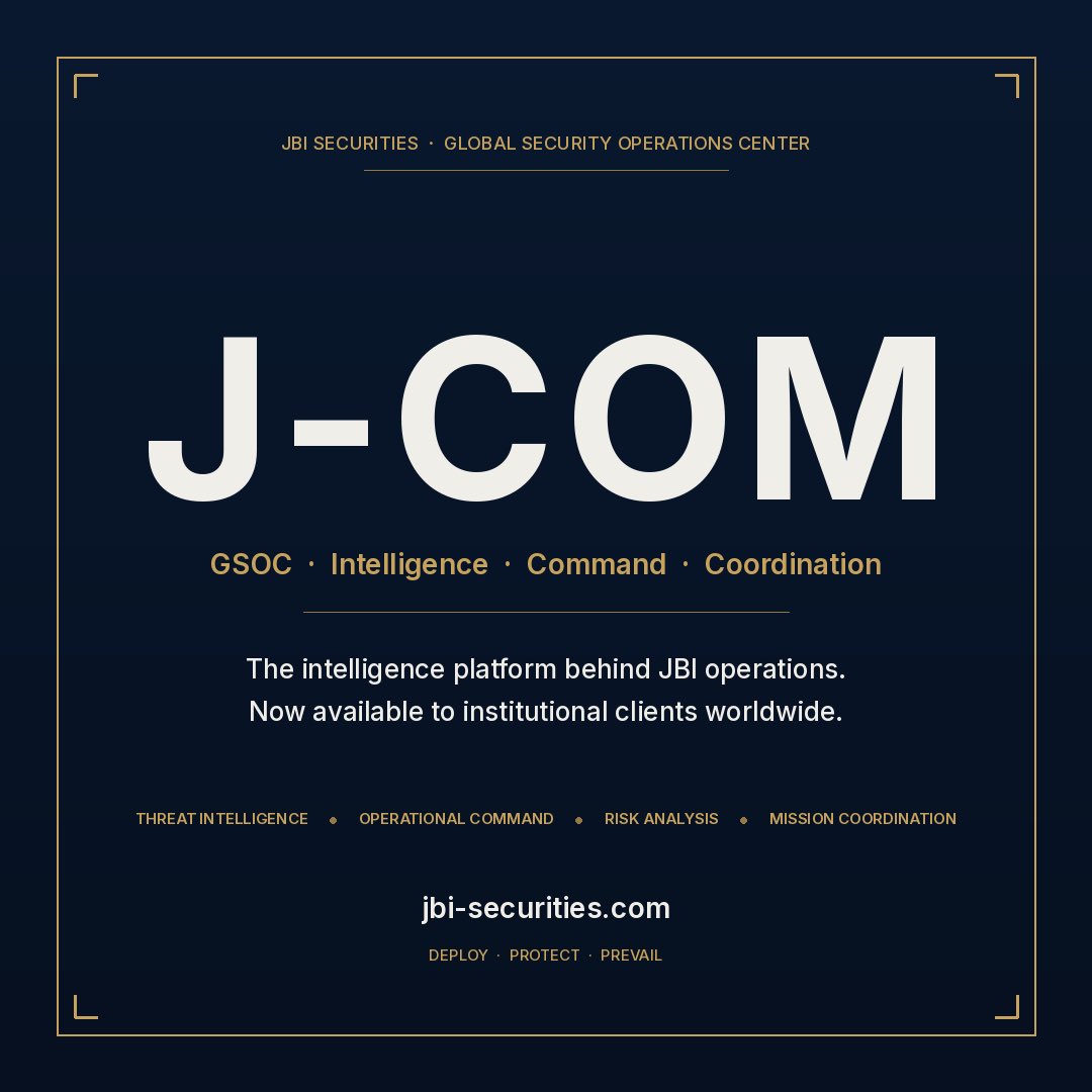 JbiSecurities's tweet photo. J-COM is live.
JBI’s GSOC — the same intelligence and command platform that’s run our operations for years. Same analysts. Same capability.
Now open to government, corporate, and institutional clients.
Deploy. Protect. Prevail.
→ https://t.co/IUjIL3dPLO https://t.co/A39LWOEXDD