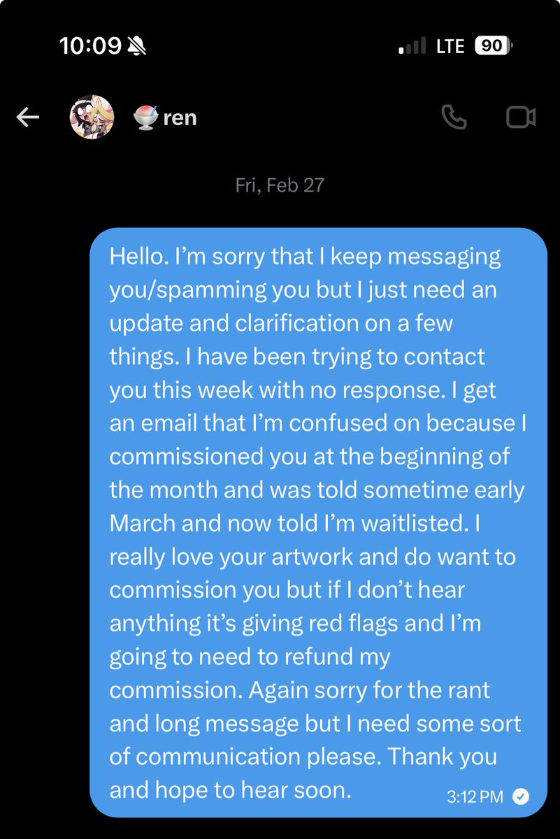 knotty_mutt's tweet photo. I was originally told the commission would be completed by early March.
A few weeks before March, I reached out just to check in and see if there was a work-in-progress update. I didn’t receive a response. I followed up a few more times over the next week and still heard nothing. https://t.co/lxNJdnutRK