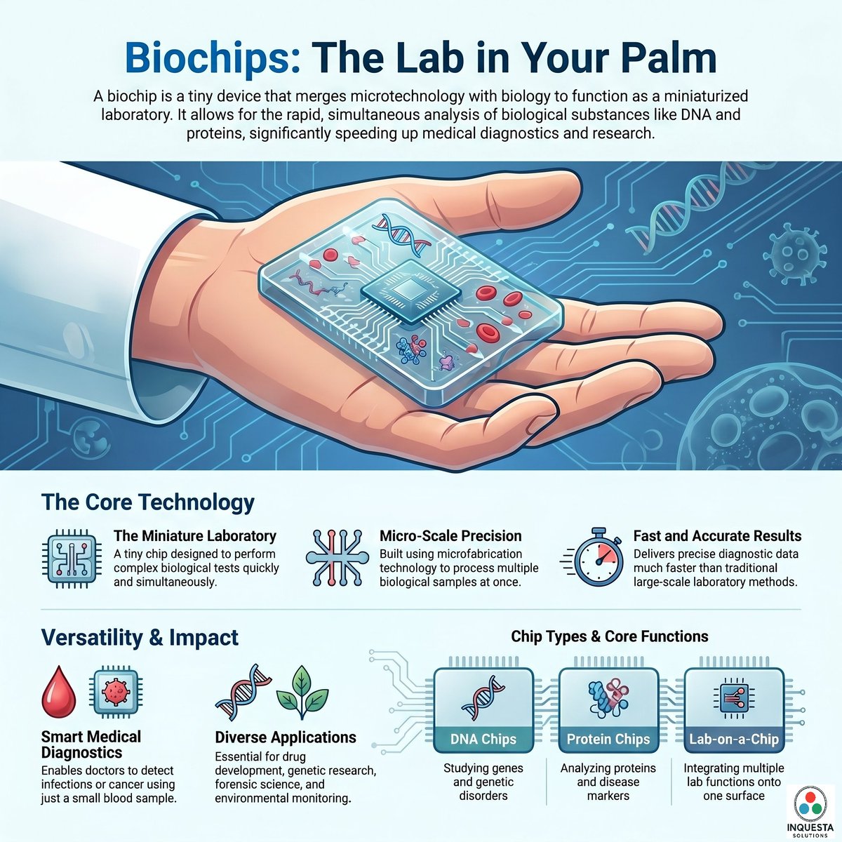 InquestaSol's tweet photo. Ever wondered how a laboratory could fit onto a tiny chip? 🧪💻
Biochips are revolutionising the way we analyse biological substances! These incredible devices combine microtechnology and electronics with biology to create a "mini laboratory" capable of performing complex tests. https://t.co/ne1ApDzw7j