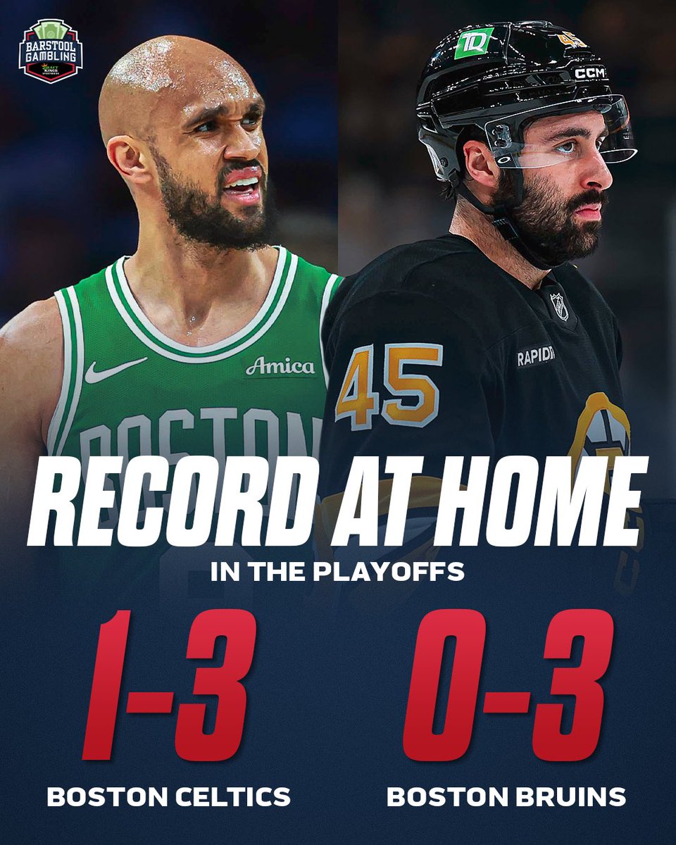 stoolgambling's tweet photo. Boston teams at home in the playoffs this season:

Bruins:
Game 3: 3-1 L ❌
Game 4: 6-1 L ❌
Game 6: 4-1 L ❌

Celtics:
Game 1: 123-91 W ✅
Game 2: 97-111 L ❌ 
Game 5: 97-113 L ❌
Game 7: 100-109 L ❌

Woof. https://t.co/mZzIghFSX5