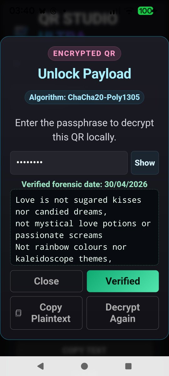 Pbesso's tweet image. Encryption done right.
Scan an encrypted QR → clean unlock screen pops up.
ChaCha20-Poly1305 • Argon2id • Verified forensic date • 100% local.
No cloud. No telemetry. No bullshit.

This is how privacy should feel.
#QRCode #Encryption #PrivacyFirst #Security #OfflineFirst
