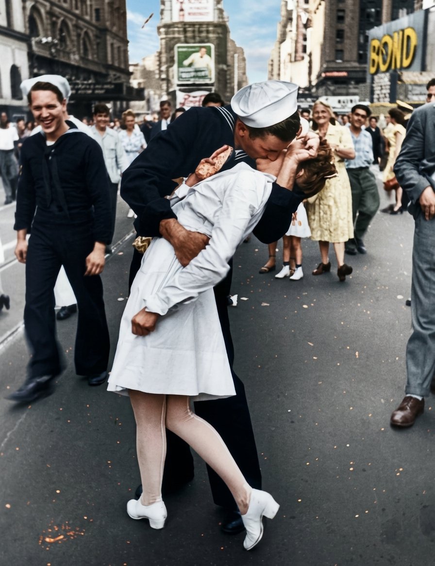 millenniarecs's tweet photo. On Aug 14, 1945, Times Square erupted in joy. This iconic photo captured the relief of V-J Day. 

U.S. Navy sailor George Mendonsa was in New York celebrating Japan's surrender to end World War 2 when he embraced and kissed Greta Zimmer.

#History #WWII #Photography #USA https://t.co/ZdMwWQX9FK