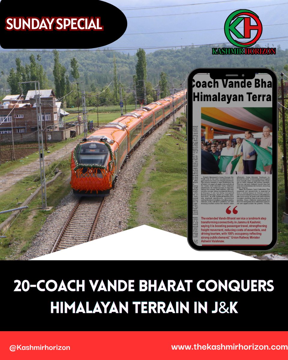 KashmirHorizon's tweet image. Sunday Special 

20-Coach #VandeBharat Conquers Himalayan Terrain In #JammuAndKashmir

@diprjk @CM_JnK
@RailMinIndia
@RailwayNorthern
@AshwiniVaishnaw

 thekashmirhorizon.com/2026/05/03/20-…