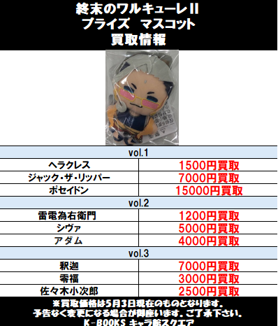 買取情報】 『#終末のワルキューレ』 プライズ マスコット 買取情報を 