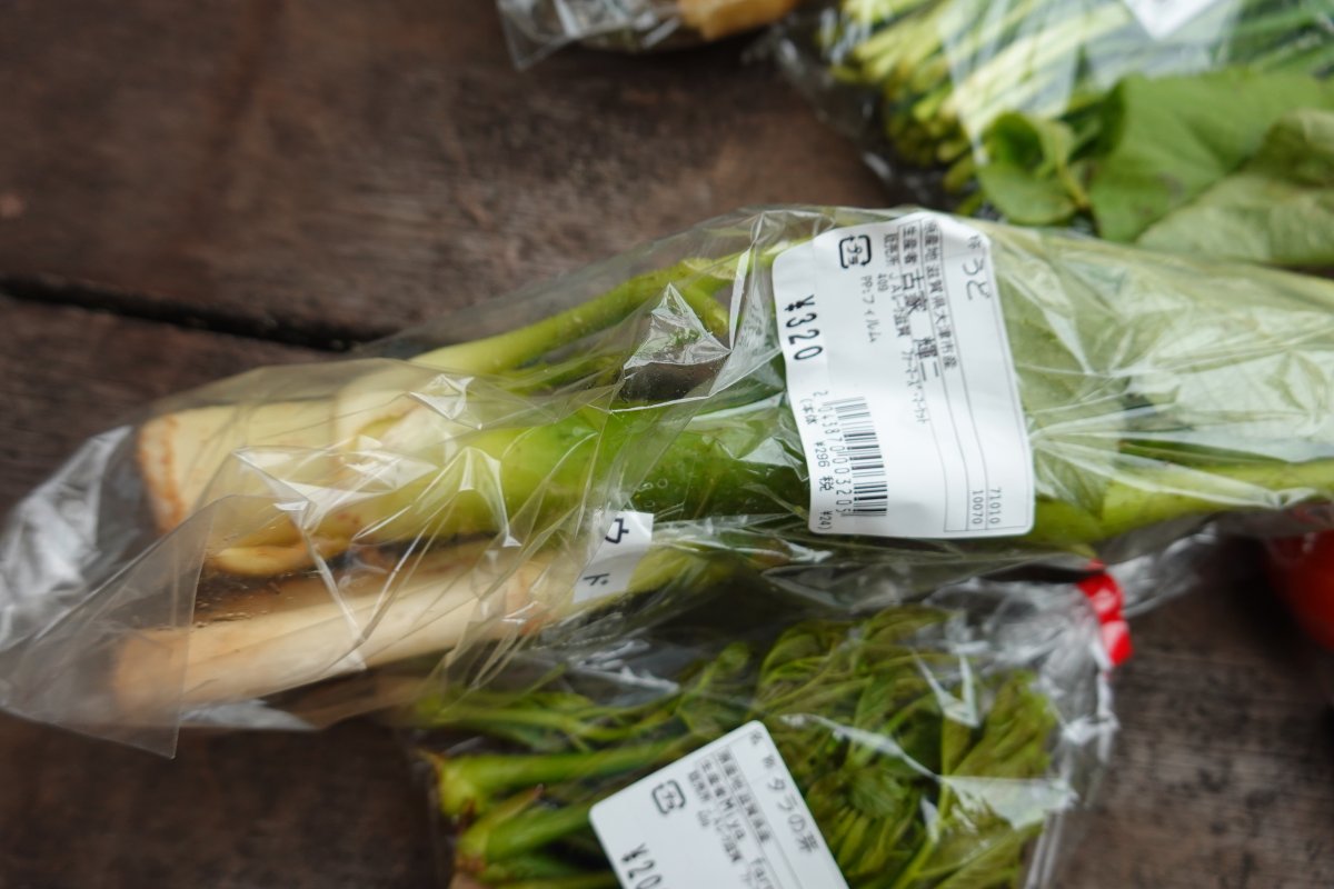 私は無事帰宅～。本日の野菜など。タラの芽/木の芽/ミディトマト/実えんどう/うど/石灰/筍/にら。計2340円。うどと木の芽は今年初（先日のは花山椒だった）。石灰は、相方さんがプランタ菜園を二階バルコニーや玄関のアプローチで始めるそうで、その肥料の一つ。