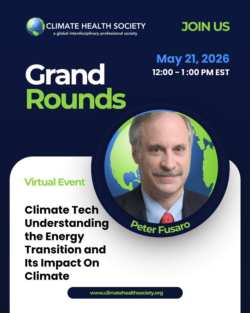 ClimHealthSoc's tweet photo. Please join Peter Fusaro as he presents a webinar on Climate Tech Understanding the Energy Transition and Its Impact on Climate. Link to join - https://t.co/LDDd8c40sP
#climatehealthsociety #climatetech #energytransition #climateandhealth https://t.co/YGdwcEYzU7