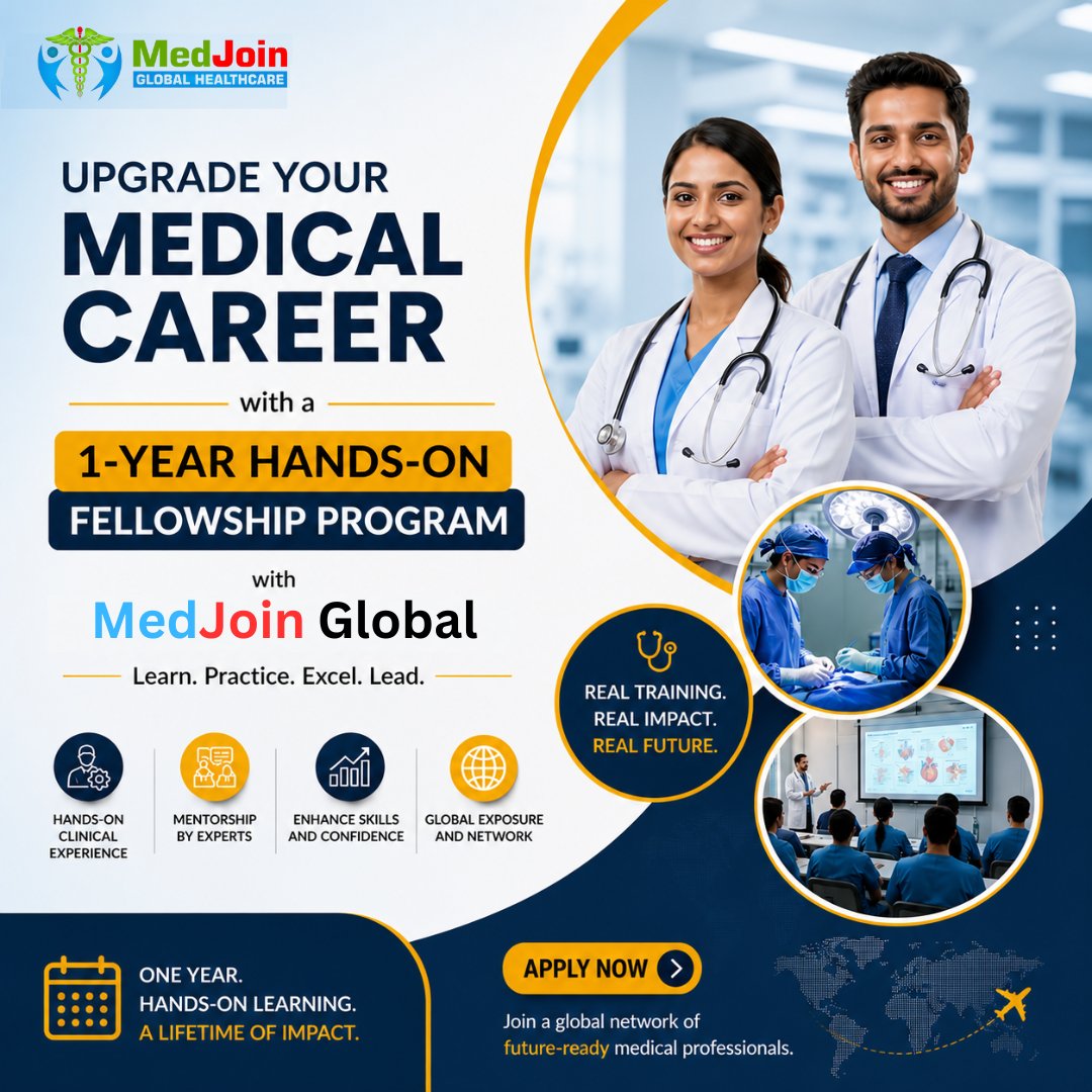 medjoinglobal's tweet photo. MedJoin Global brings you a 1-Year Hands-On Fellowship Program designed for ambitious medical professionals.

#MedJoin #MedJoinGlobal #MedicalCareer #FellowshipProgram #ClinicalTraining #MedJoinGlobal #CareerGrowth 
🌐 https://t.co/q2e0KpcHtV https://t.co/mOxVmu0Dl7