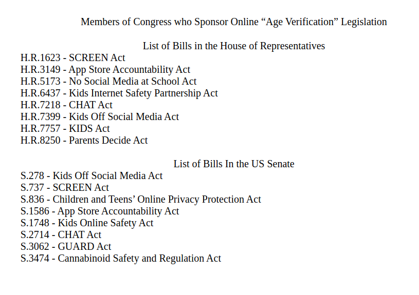 JustAniceCat's tweet photo. *Revised
Support for "Age Verification" in the Senate is extremely dangerous This document list all the bills (so far) and how many of them each member of congress is sponsoring
While not "Age Verification" this bill is bad:
S.3546 - Sunset Section 230 Act
https://t.co/8Pu7WRTaaK https://t.co/jHwhRcHpuh