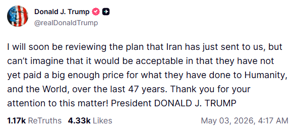 DDIndialive's tweet image. #US President #DonaldTrump posts, "I will soon be reviewing the plan that Iran has just sent to us, but can’t imagine that it would be acceptable in that they have not yet paid a big enough price for what they have done to Humanity, and the World, over the last 47 years."