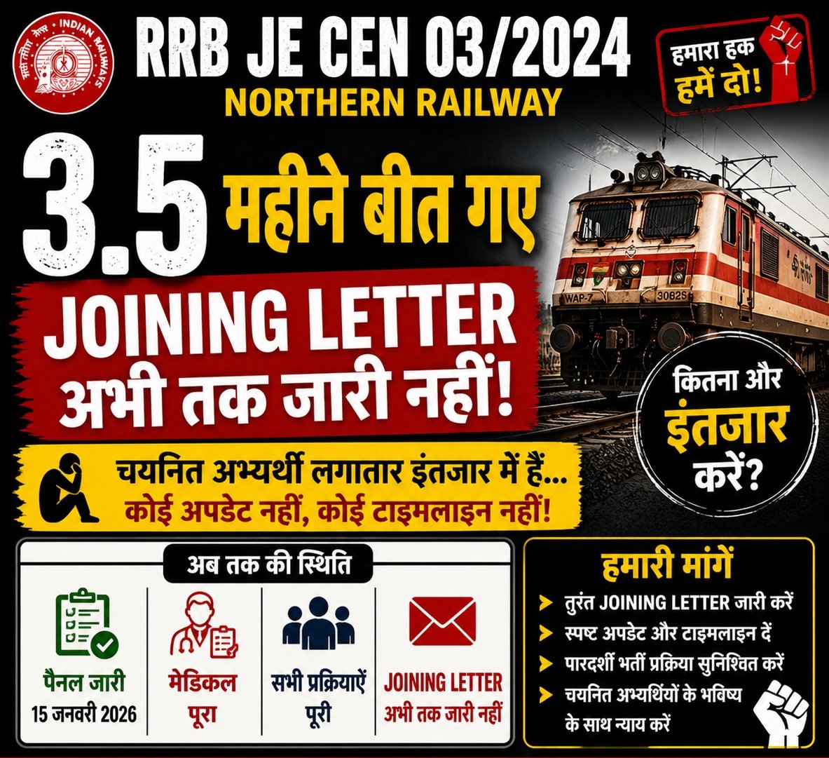 GESWA_BIHAR's tweet photo. #RRBJE © 3.5 months completed and still no joining letter.
Selected candidates deserve clarity and timely joining.
@RailMinIndia please act now.
#JoiningDelay #JusticeForJE
@RailwaySeva @AshwiniVaishnaw @GM_NRly @drm_dli @RailwayNorthern #RRBCDG #RRB #Newdelhi #BarodaHouse https://t.co/uqvY8gUmgg