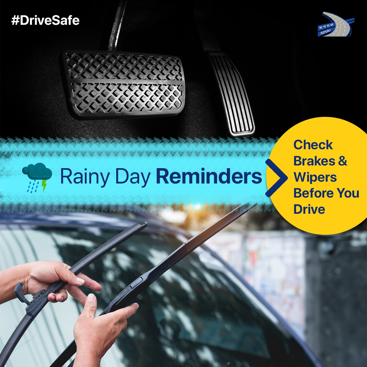 trafficchd's tweet image. Clear visibility and reliable braking are crucial for driving in wet conditions. So, ensure safety by checking brakes and wipers of your vehicle. #drivesafe #NHAI #WeCareForYou