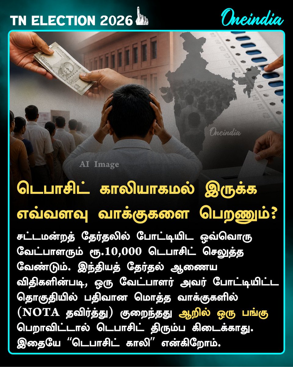 thatsTamil's tweet image. டெபாசிட் காலியாகமல் இருக்க ஒரு வேட்பாளர் எவ்வளவு வாக்குகளை பெறணும்?

#TNElection2026 #PoliticsToday #Oneindia #TamilOneindia