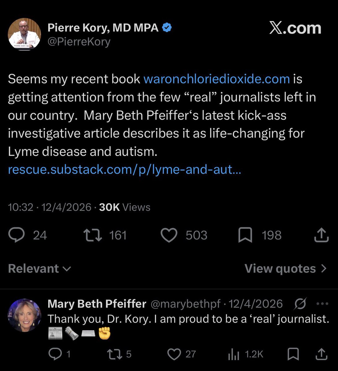 QuackDetector's tweet photo. Quack promoting bleach as a cure all finds support from a “journalist” who wrote an “investigative article”. 

#QuackKory https://t.co/y928zTTUOX