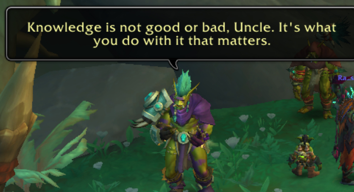 BaalTheWarlock's tweet photo. Justifying your search for knowledge with the argument knowledge and powers are neutral and it depends on the user (Alliance Elf, all good)

vs

Justifying your search for knowledge with the argument knowledge and powers are neutral and it depends on the user (Troll, bad) https://t.co/2JI49mhcx2