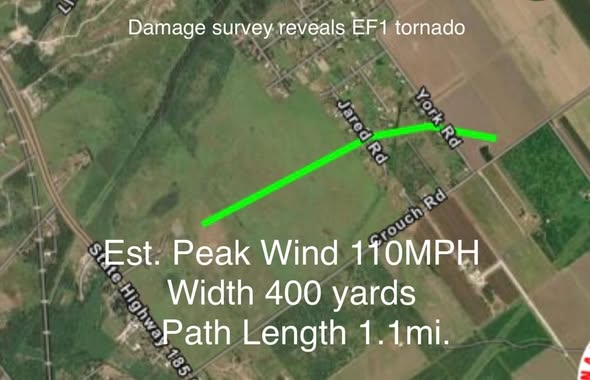 BobPackWX's tweet photo. Official survey today of the south Texas event near Victoria, TX, which occurred yesterday, reveals an EF1 tornado in addition to the 6.5 mile width and 40 mile path of straight line winds. https://t.co/RFik9D6Rs3