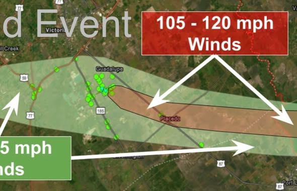 BobPackWX's tweet photo. Official survey today of the south Texas event near Victoria, TX, which occurred yesterday, reveals an EF1 tornado in addition to the 6.5 mile width and 40 mile path of straight line winds. https://t.co/RFik9D6Rs3