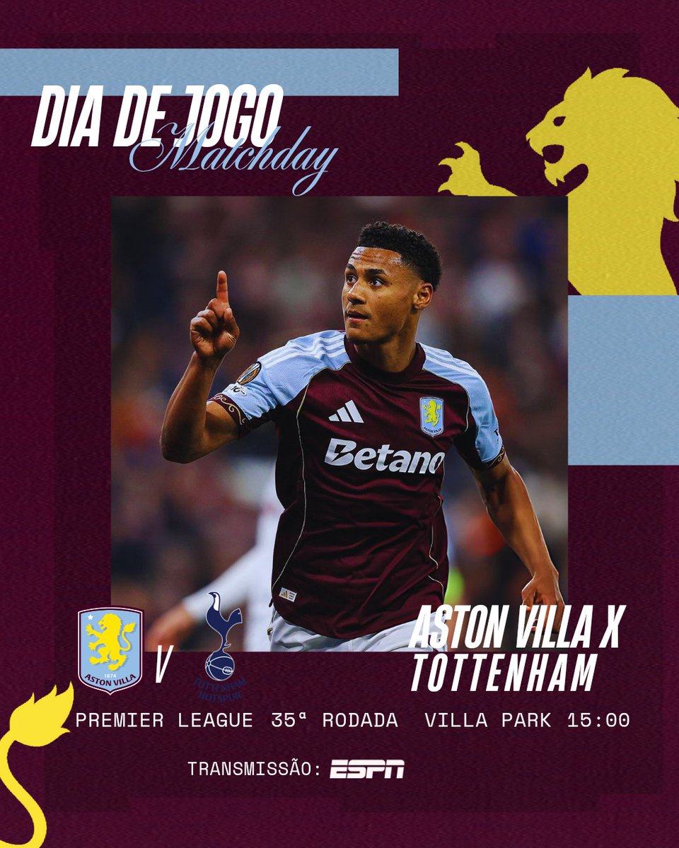 AstonVillabrfc's tweet image. HOJE TEM ASTON VILLA! 🦁🟣🔵

⚔️ Confronto: Aston Villa x Tottenham
🏆 Competição: Premier League / 35° jogo
🕜 Horário: 15:00 (Brasília)
🖥 Transmissão: ESPN
🏟 Estádio: Villa Park (🏴󠁧󠁢󠁥󠁮󠁧󠁿)
🎨 @AstonVillabrfc

📲 #PremierLeagueNaESPN / #AVFC