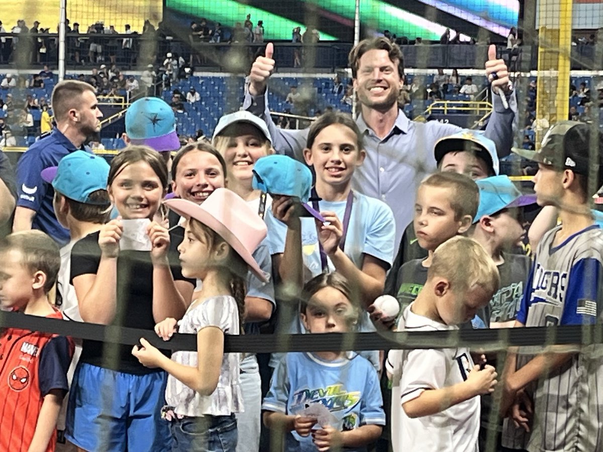 BobbyOlszewski's tweet photo. What a fun afternoon at Tropicana Field for the @RaysBaseball game. Reagan and her cousins got to be on the field to meet Brett Phillips and Jonathan Aranda. They are all official members of the Rays Rookie Kids Club. Of course they visited with Raymond &amp; DJ Kitty. @MLB https://t.co/LZI9Uwszxo