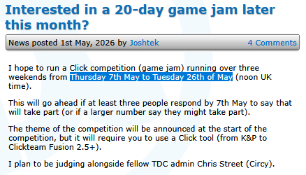 FusionScene's tweet image. Potential upcoming #gamejam on The Daily Click. May 7 - May 26. Signal your support in the comments if interested! 
On @dailyclick: create-games.com/newspage.asp?i…