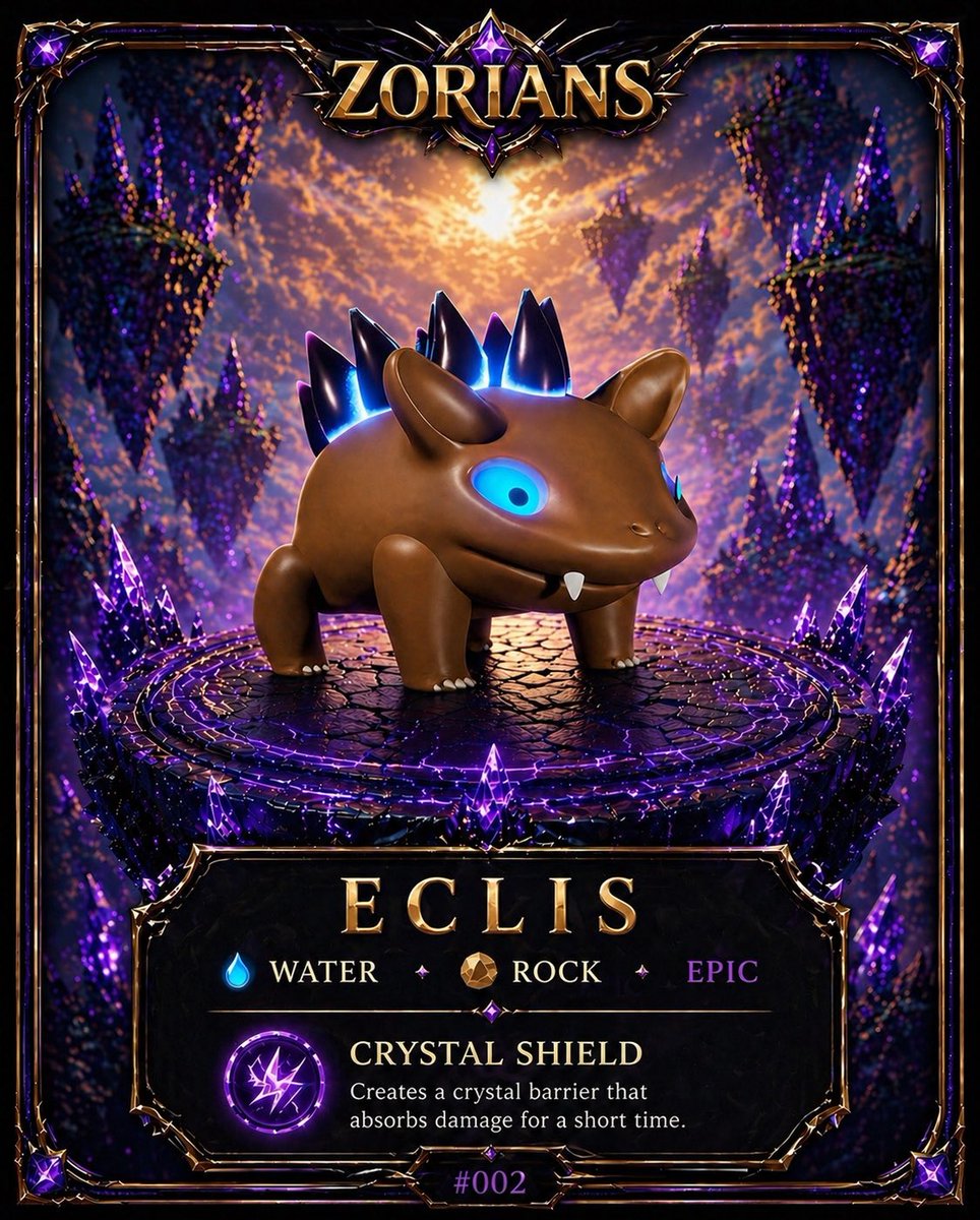 zoryaarena's tweet image. ZORIANS #002 – ECLIS 🌌  

Water 💧 + Rock 🪨 = strong defense!  
With Crystal Shield, it absorbs damage for a short time and shifts the battle.  

An EPIC tier Zorian ⚡  

Zorya Arena coming soon… stay ready.  

#Zorya #NFT #GameFi #3d #asteroid #memetoken #doge #shiba #floki