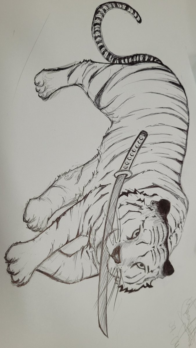 naju_jj's tweet image. Releitura de imagem do pinterest, tigre segurando uma katana #art #arte