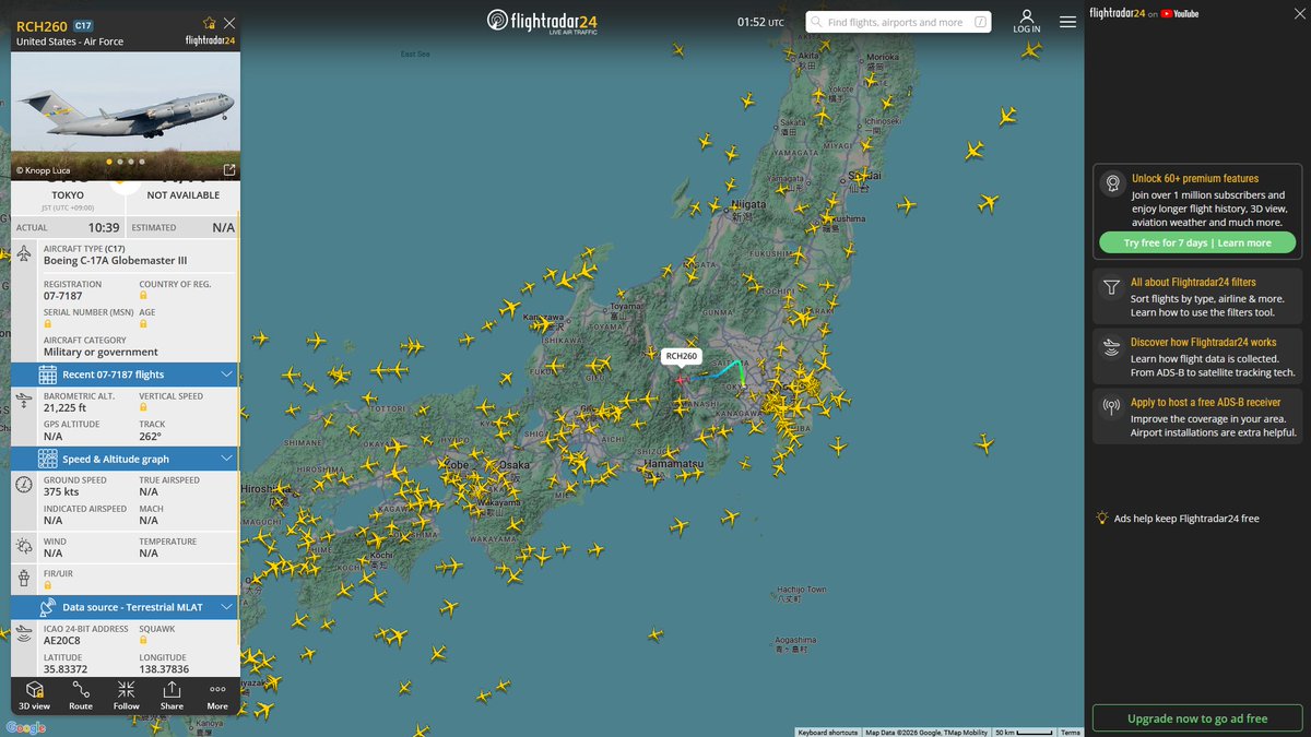 AIYeyENGDdJkjTr's tweet image. May 3, 2026
#Fairfield Travis Air Force Base #Joint Base Pearl Harbor-Hickam, Honolulu #Tokyo Yokota Air Base ==&amp;gt; #Osan Air Base, South Korea

#RCH260 #AE20C8 USAF C-17A Globemaster III