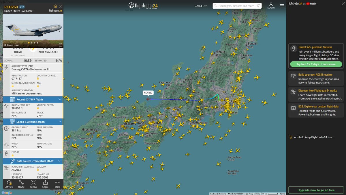 AIYeyENGDdJkjTr's tweet image. May 3, 2026
#Fairfield Travis Air Force Base #Joint Base Pearl Harbor-Hickam, Honolulu #Tokyo Yokota Air Base ==&amp;gt; #Osan Air Base, South Korea

#RCH260 #AE20C8 USAF C-17A Globemaster III