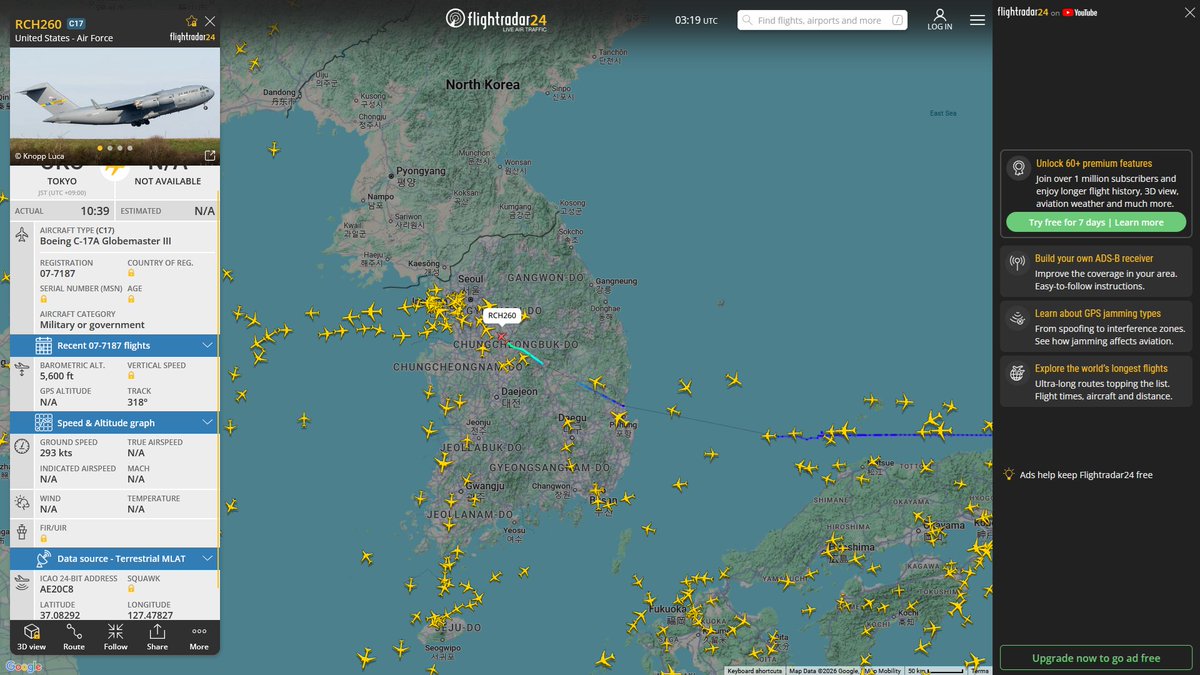 AIYeyENGDdJkjTr's tweet image. May 3, 2026
#Fairfield Travis Air Force Base #Joint Base Pearl Harbor-Hickam, Honolulu #Tokyo Yokota Air Base ==&amp;gt; #Osan Air Base, South Korea

#RCH260 #AE20C8 USAF C-17A Globemaster III
