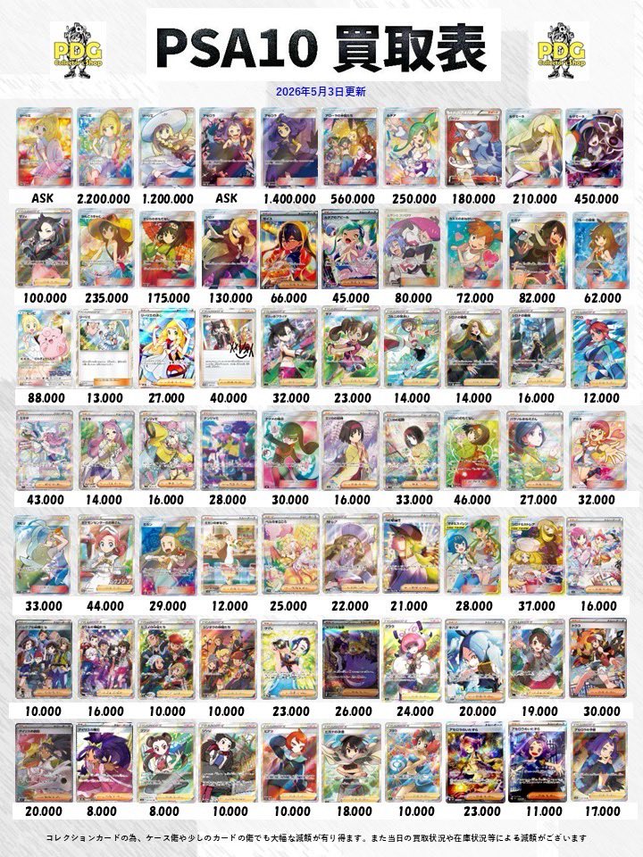 PDG_osaka's tweet image. 🔥ポケモンカード店頭強化買取表🔥

本日の買取表です‼️
買取表以外のPSAもドシドシ募集中💞

お持ち込みお待ちしております‼️✨️

もし持ってるカードあったら、
いいね👍とリポスト📮おねがいします❗️

#買取
#PSA
#大阪
#オタロード
#ポケカ
#ポケモンカード