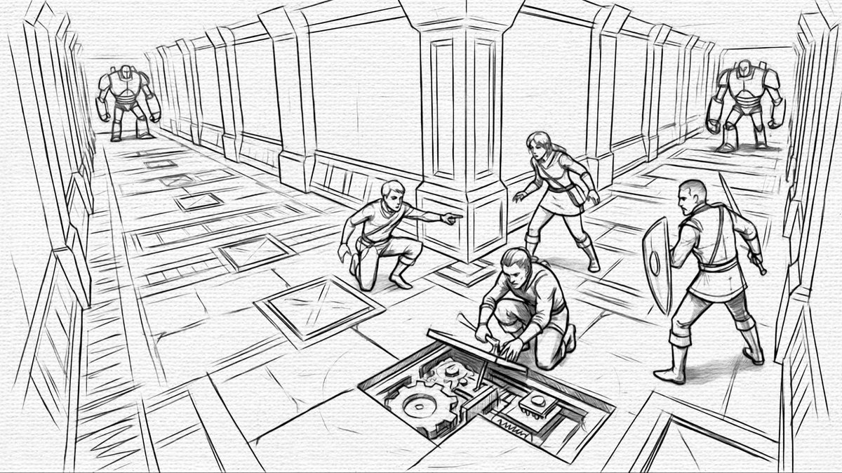 Waldenrfv's tweet image. Plotting survival in the dungeon’s silent geometry. I’m open for commissions 

#WIP #GameArt #RPGIllustration