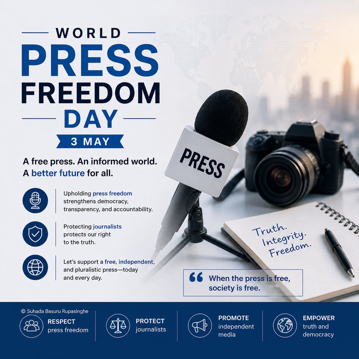 bhaasu_360's tweet image. World Press Freedom Day 📰🌍

A free press protects truth, accountability &amp;amp; democracy.
Stand for journalists. Stand for the right to know.
Supports SDG 16, SDG 4, SDG 10 &amp;amp; SDG 17
Read more:shorturl.at/ypXcp

#SuhadaBasuruRupasinghe #SBR  #Ambassador   #GAoS #UN #SDGSprints